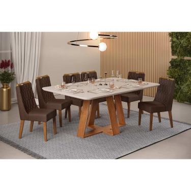 Imagem de Conjunto: Mesa de Cozinha Celeste c/ Tampo Madeirado c/ Vidro Retangular 160x90cm e 6 Cadeiras Bia Freijo/Off White - Suede Moca - DJ Móveis