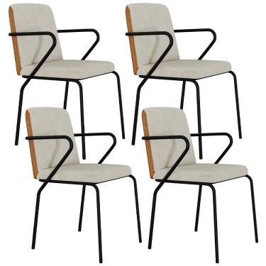 Imagem de Kit 04 Cadeiras Estofada Para Sala De Jantar Com Braço Loft Preto C01 Bouclê Vanilla Courino Caramelo - Lyam Decor