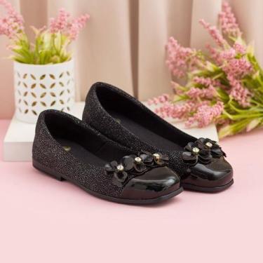 Imagem de Sapatilha Infantil Pinokio Têxtil Com Flores, Preto, 32