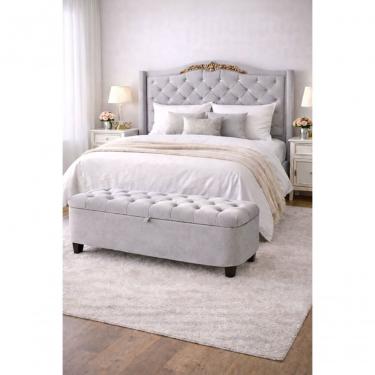 Imagem de Kit De Quarto Lisboa Cabeceira De Cama Box E Calçadeira Baú Casal 140 Cm Suede Prata Eli Móveis E Decoração