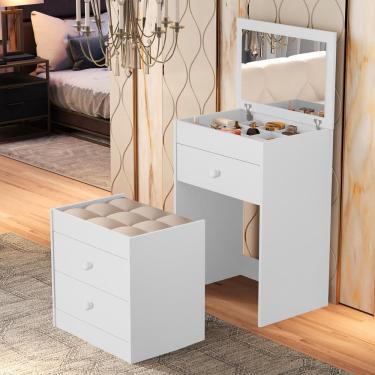 Imagem de Penteadeira Olivia 3 Gavetas com Espelho Banqueta Embutida MDF Branco Moderno para Quarto