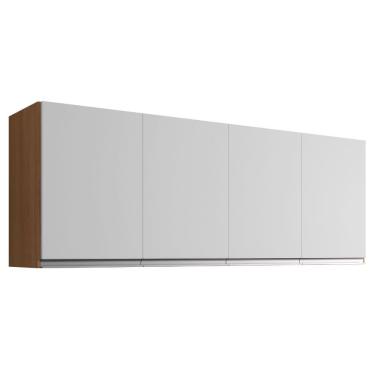 Imagem de Armário Aéreo de Cozinha Andréia 160 cm 4 Portas MDF Amêndoa Branco com Prateleira Interna