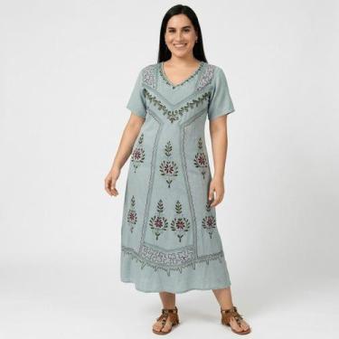 Imagem de Vestido Indiano Longo Manga Curta Liso bordado Colorido 1100-4 - M - S