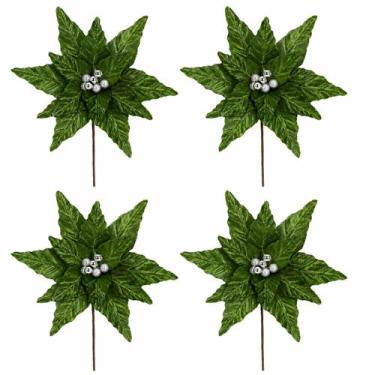 Imagem de Kit 04 Flores Natalinas Decorativas Poinsetia Verde - 32cm - Tok da Ca