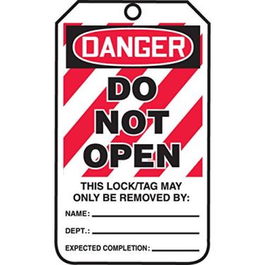 Imagem de Accuform Etiquetas de bloqueio, pacote com 5, Danger Do Not Open, etiquetas compatíveis com OSHA feitas nos EUA, cartão PF resistente a rasgos e água, 14,6 cm x 8,2 cm, MLT412CTM
