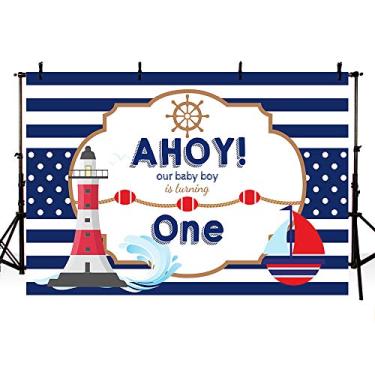 Imagem de MEHOFOND Ahoy Nautical Boy acessório de pano de fundo para aniversário Blue Stripes Boat Little Baby Boy Happy One Birthday Photography Background Photo Banner for Cake Table Supplies 7x5ft
