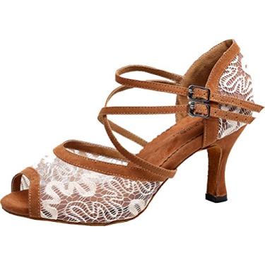 Imagem de Salabobo QQQ-3005 sapato feminino de dança floral renda tango peep toe salto médio cetim, Marrom, 7