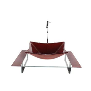 Imagem de KIT CUBA DE VIDRO QUADRADA COM TAMPO 60CM VERMELHO CEREJA E SUPORTE PRETO