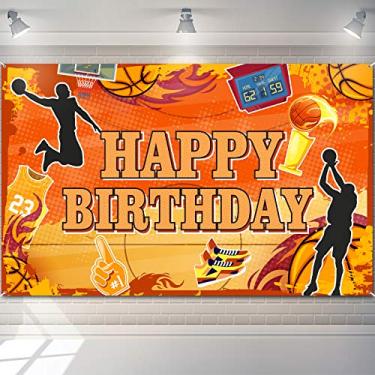 Imagem de Cenário de basquete Happy Birthday com tema de basquete, fundo de fotografia, esportes, decoração de festa de aniversário, basquete, quadra de basquete com estrelas adereços para cabine de fotos