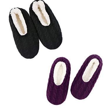 Imagem de Panda Bros Meias femininas com pegas, meias felpudas femininas com parte inferior antiderrapante, chinelos aconchegantes para casa, Roxo e preto, 5-7.5