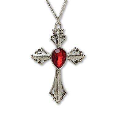 Imagem de Real Metal Colar com pingente de cruz medieval renascentista com acabamento em prata e pedra vermelha