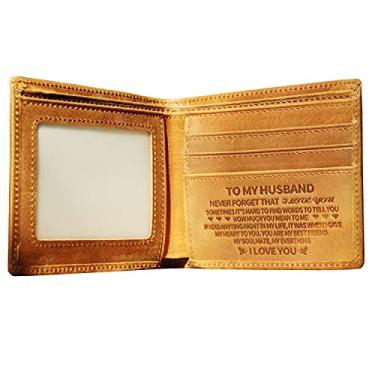 Imagem de Carteira masculina com gravação para o meu marido carteira fina dobrável RFID minimalista para cartão de crédito para o meu homem, Marrom, 4.53 x 3.74 x 0.39 inches, Carteira RFID