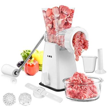 Imagem de LHS Moedor de carne manual com lâminas de aço inoxidável Base de sucção poderosa resistente para uso doméstico rápido e sem esforço para todas as carnes - branco