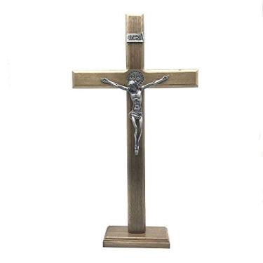 Imagem de Crucifixo de Mesa Madeira Metal Prata Velha São Bento 40 cm
