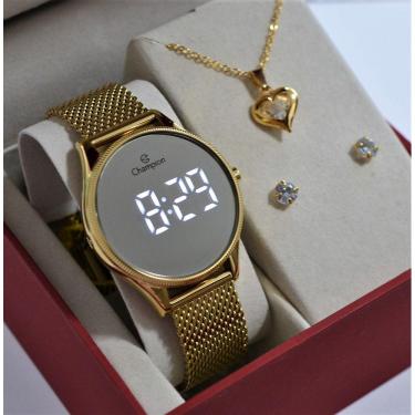 Imagem de Relogio Champion Dourado Digital Espelhado Medio Ch40133b + Kit Semi Joia