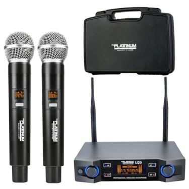Imagem de Sistema de microfone sem fio platina, sistema de microfone dinâmico portátil de canal duplo profissional de metal com receptor de karaokê profissional, para festa, KTV, reunião, casamento, DJ, igreja, 61 m