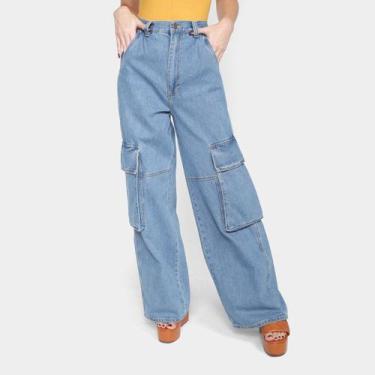 Imagem de Calça Jeans Wide Leg Farm Cargo Cintura Alta Feminina