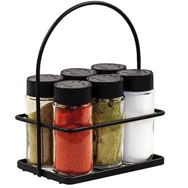 Imagem de Porta Tempero Condimento 6 Potes Vidro Tampa Dosadora Suporte Preto com Alça Organização Cozinha