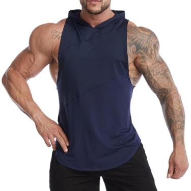 Imagem de Magiftbox Camisetas masculinas sem mangas para treino com capuz atlética fitness academia regata masculina T72, Azul marino, GG