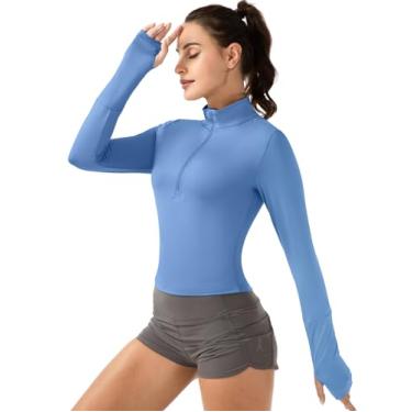 Imagem de GGOV Crop Tops Camisa feminina de treino de manga comprida com fecho de meio zíper, ajuste fino e tecido macio, Azul, M