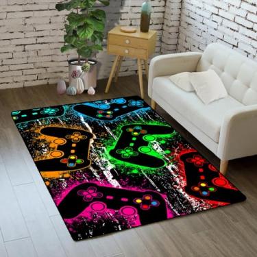 Imagem de Gamer Tapete de área grande para sala de jantar quarto de crianças verde desenhado à mão gamepad adolescentes tapete de chão para sala de estar planeta estrelas jogos preto tapete de ioga tapete de