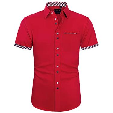 Imagem de J.VER Camisa social masculina de manga curta com bolso, casual, abotoada, sem rugas, Estilo vermelho, G