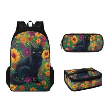 Imagem de Tomeusey Conjunto de mochila para escola primária, gato preto, floral, 43 cm, mochila infantil com lancheira à prova de vazamento, bolsa de lápis para meninos e meninas, mochila leve para escola,