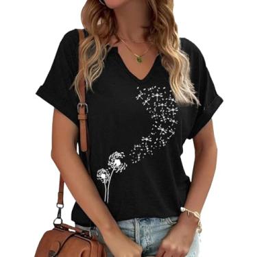 Imagem de Dandelion Shirts Camiseta feminina com gola V e girassol flores silvestres estampa casual, Preto - 13, XXG