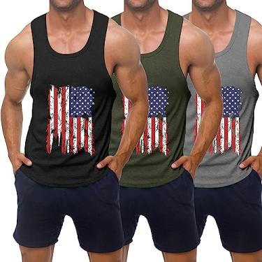 Imagem de KAWATA Camiseta regata masculina de secagem rápida para academia, musculação, musculação, sem mangas, Bandeira preta/verde-militar/cinza, Large