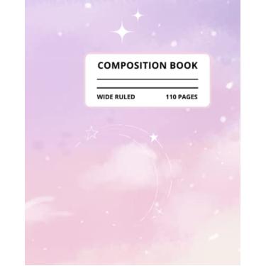 Imagem de Caderno de composição: Galáxia rosa suave colorida com planetas - 19 cm x 23,5 cm 110 páginas brochura pautada larga para meninas e adolescentes