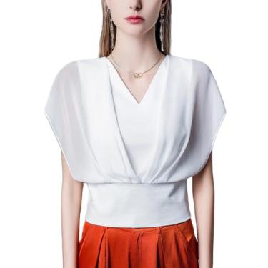 Imagem de Blusas femininas elegantes de trabalho, gola V, manga Dolman, plissadas, chiffon, camiseta fashion de verão, Branco, 3G