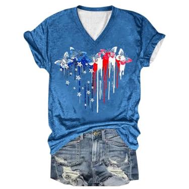 Imagem de 4th of July Shirts Camiseta feminina American Red White Blue Star Stripes Butterfly Graphic Shirt manga curta gola V camiseta patriótica tops tops, Azul, GG