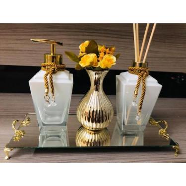 Imagem de Kit Lavabo Luxo Dourado Branco 4 Peças Aromatizador Sabonete - Ateliê 