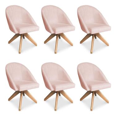 Imagem de Kit 06 Poltronas Cadeira Giratória Bela Suede Rosa Bebê Base De Madeira - Pallazio