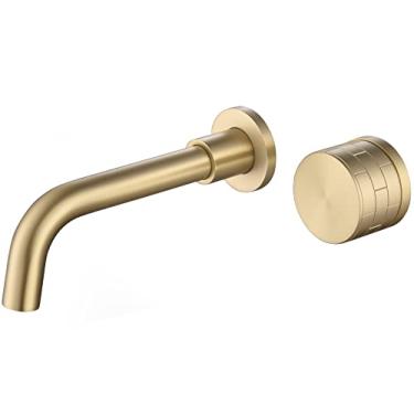 Imagem de TRUSTMI Torneira de banheiro de latão padrão tijolo alça única montagem na parede torneira pia vaso (válvula áspera incluída), ouro escovado