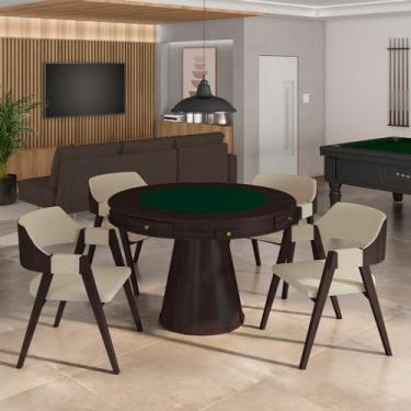 Imagem de Conjunto Mesa de Jogos Carteado Bellagio Tampo Reversível Verde e 4 Cadeiras Madeira Poker Base Cone Linho OffWhite/Tabaco G42 - Gran Belo