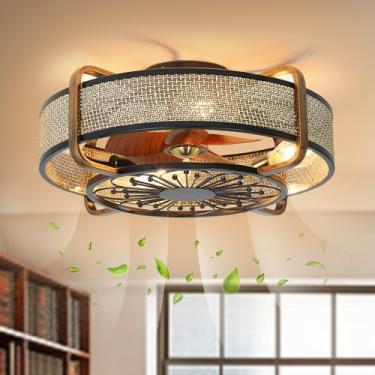 Imagem de Chinco Star Ventilador de Teto Enjaulado com Luz Embutida Ventilador de Teto Fandelier com Luz e Motor Reversível Remoto de 6 Velocidades Dia.21 Ventilador de Teto Fechado de Vime de Baixo Perfil, Pre