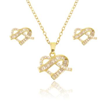 Imagem de NALISASA Colar em formato de coração em ouro 14K, conjunto de brincos femininos, colar de pingente de cristal em forma de coração e conjunto de joias de brinco, Medium, Plástico, Sem Pedra Preciosa