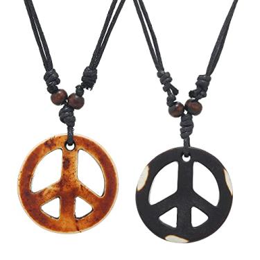 Imagem de COLORFUL BLING Colar de pingente hippie feito à mão ajustável com símbolo de paz de amor vintage corrente de corda de resina tecelagem, Resina, resina