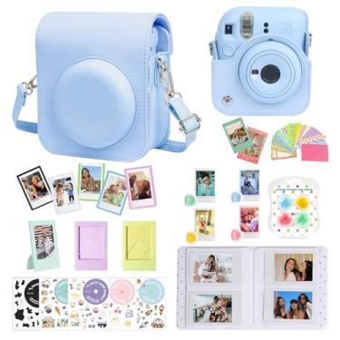 Imagem de CAIYOULE Acessórios para Câmera Fuji Instax Mini 12, Pacote de Acessórios Inclui Capa de Couro Pu 12, Mini Álbum de Fotos, Molduras, Adesivos Faça Você Mesmo, Filtro de Cores(Sem Câmera) - Azul Pastel