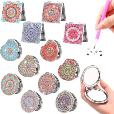 Imagem de Geetery 12 peças de pintura de diamante espelho compacto DIY design mandala espelho de bolso portátil mini dobrável portátil ampliação espelho de maquiagem kits de arte diamante para mulheres presente