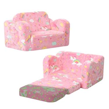 Imagem de MeMoreCool Cadeira infantil dobrável, sofá dobrável de pelúcia macia que brilha no escuro, poltrona confortável para bebês para meninas e meninos (arco-íris rosa)
