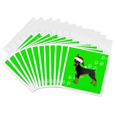 Imagem de 3dRose Lindo casaco preto Doberman Pinscher - cachorro de desenho animado - verde com chapéu de Papai Noel - cartões comemorativos, 15 x 15 cm, conjunto de 12 (gc_40904_2)