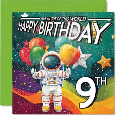 Imagem de Stuff4 Cartão de aniversário de 9 anos menino - traje espacial astronauta - Cartão de aniversário do espaço sideral para menina de 9 anos, cartões de aniversário de 9 anos de idade para meninos e