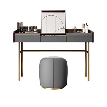 Imagem de LICONG-2019 Conjunto de penteadeira com banquinho, cômoda para casa, dobrável, couro, madeira de alta qualidade, quarto, mesa de maquiagem, banco de maquiagem, laranja, cinza, oculto, espelho, cômoda
