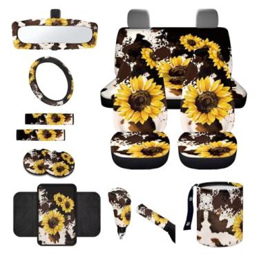 Imagem de Wanyint Conjunto completo de capa de assento de carro com estampa de vaca marrom girassol 14 peças, com capa de volante, capa de cinto de segurança, lixeira, capa de espelho retrovisor, porta-copos,