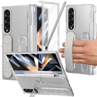 Imagem de YQODSZ Capa para Samsung Galaxy Z Fold 3 com suporte para caneta S e caneta Stylus, capa com suporte Z Fold 3 com alça de mão, protetor de tela, borda elevada para Z Fold 3, transparente