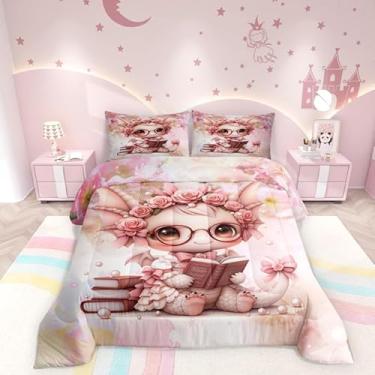 Imagem de Jogo de edredom infantil Kawaii Dragão para meninos, fantasia de animal mágico, decoração de quarto, fofo, feminino, flor rosa, laço de microfibra escovada, edredom macio