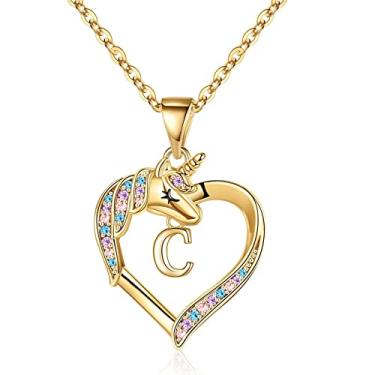 Imagem de Presentes de unicórnios para meninas, banhado a ouro 14K colorido CZ pingente de coração colar de unicórnio para meninas joias letra inicial unicórnio colares para meninas mulheres presentes de unicórnio para meninas adolescentes, Metal, Zircônia cúbica