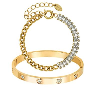 Imagem de AD Jewelry Bracelete de aço inoxidável banhado a ouro 18 K, conjunto com 2 peças de pulseira de aço inoxidável com pedra CZ para mulheres Medium